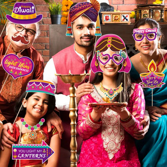 30Pcs/Set Happy Diwali Theme Photo Booth Props Candle Elephant Dress Up Paper Masks for India Diwali Festival Party Decoration Ezkrea