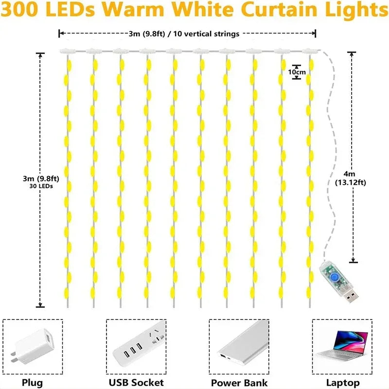 3M LED Curtain String Lights Fairy Decoration USB Holiday Garland Lamp 8 Mode For Home Garden Christmas Party New Year Wedding Ezkrea