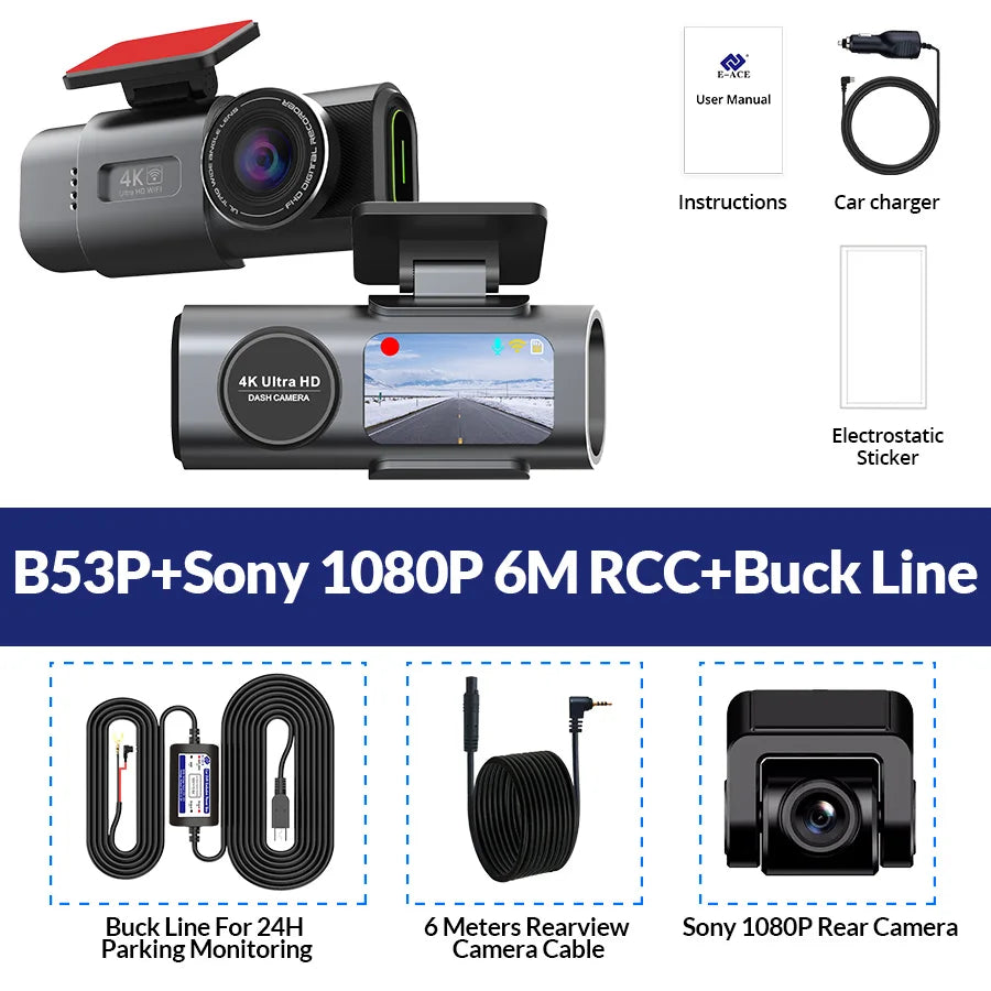 Dash Cam 4K UHD Recording Car Camera DVR Night Vision Video Recorder Built-In Wi-Fi Support GPS 24H Parking Ezkrea