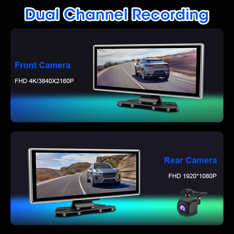 10/11.26 inch Dash Cam 4K Car DVR Wireless Carplay & Android Auto GPS Navigation Video Recorder Dashboard Dual Lens Wifi FM AUX Ezkrea