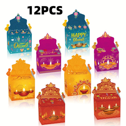 12pcs Happy Diwali Party Favors - Pre-Made Indian Festival Boxes with Diya Designs, Deep Red, Orange, Purple, Blue, Golden Ezkrea
