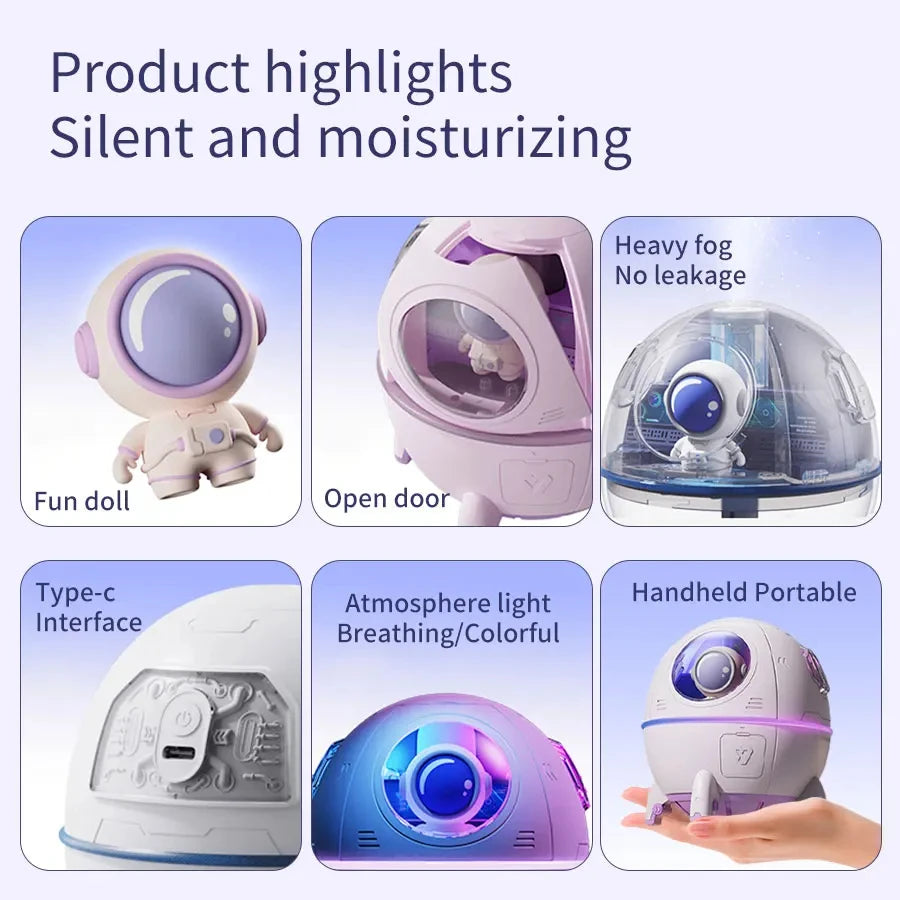 Air Humidifier – Space Capsule USB Mist Diffuser with 7-Color LED Light & Rechargeable Aromatherapy Function Ezkrea