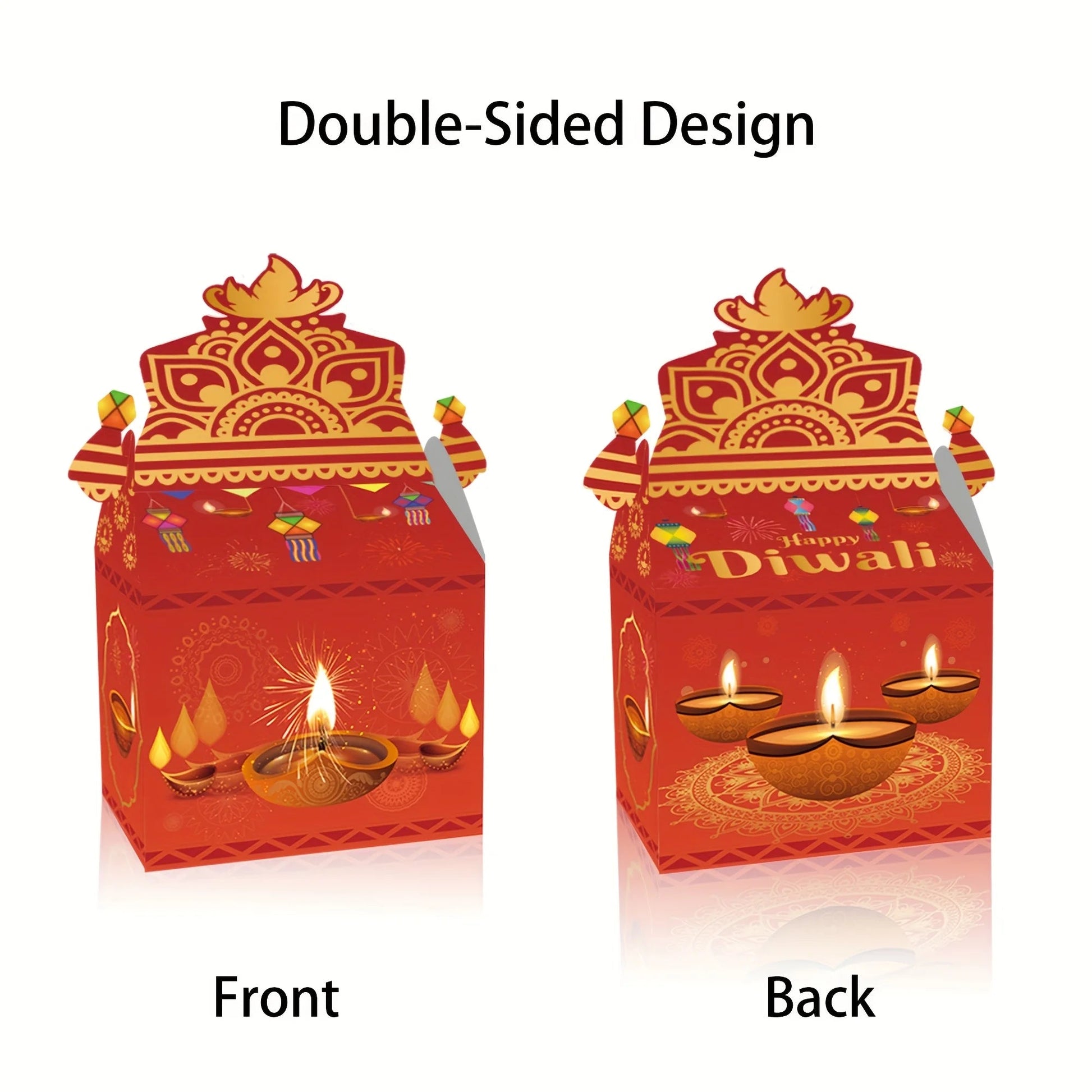 12pcs Happy Diwali Party Favors - Pre-Made Indian Festival Boxes with Diya Designs, Deep Red, Orange, Purple, Blue, Golden Ezkrea