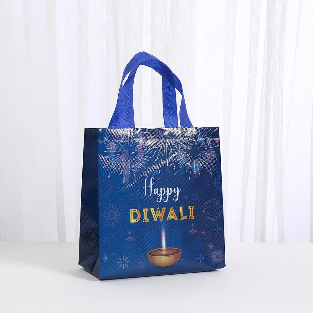 8Pcs Happy Diwali Theme Gift Packing Bag Non-Woven Shopping Tote Bag for India Diwali Festival Party Favors Bag Decoration Ezkrea