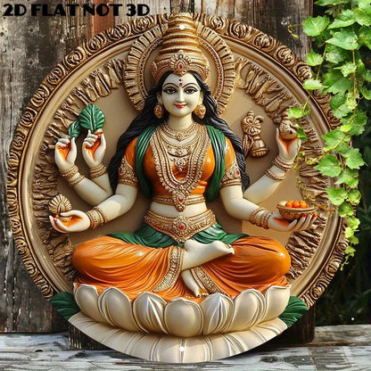 2D Flat Round Aluminum Wall Art Decor - Laxmi Goddess on For Lotus, Vibrant Hindu Deity Design, Religious, Indian Home Decor Ezkrea