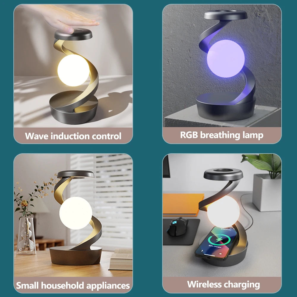 LED 360° Rotating Night Light With Wireless Charger Cordless Desk Lamp Rechargeable LED Levitating Night Light For Living Room Ezkrea