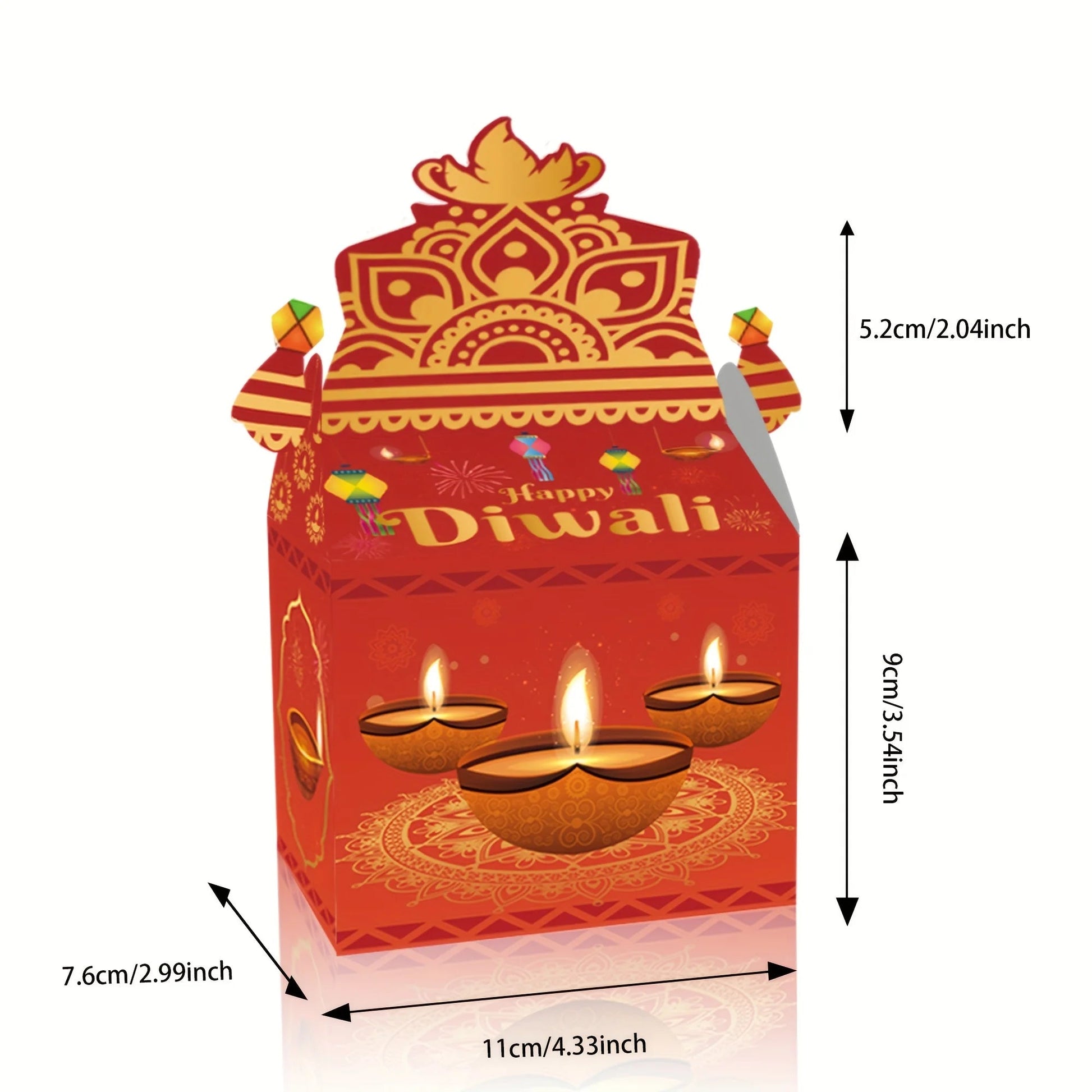 12pcs Happy Diwali Party Favors - Pre-Made Indian Festival Boxes with Diya Designs, Deep Red, Orange, Purple, Blue, Golden Ezkrea
