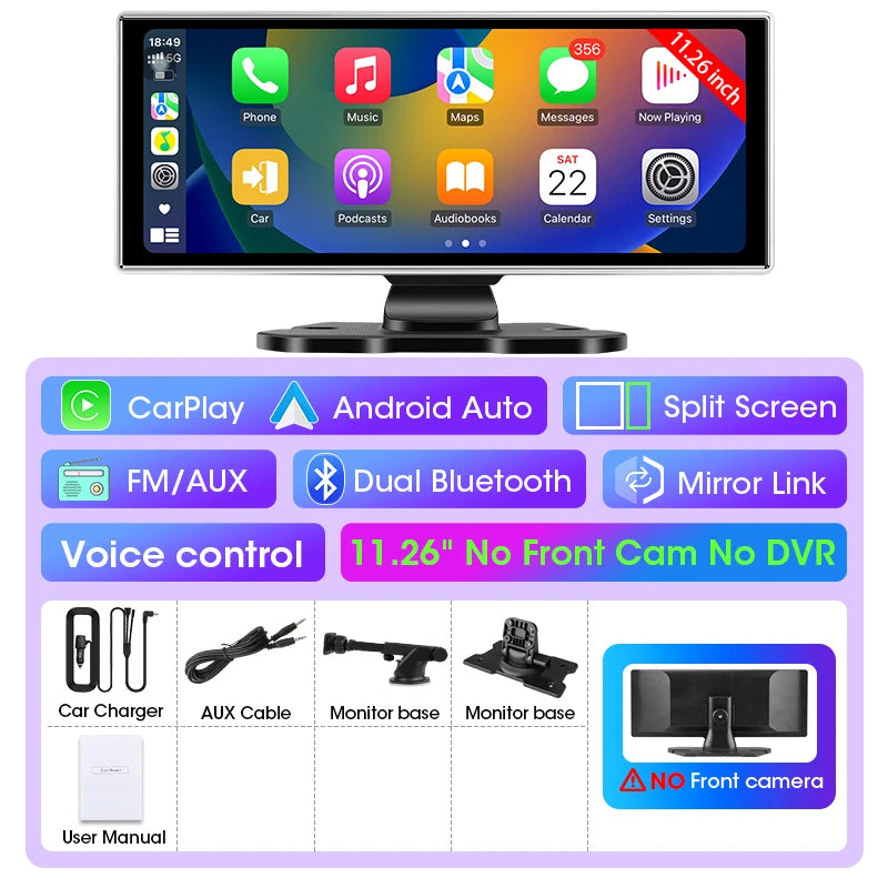 10/11.26 inch Dash Cam 4K Car DVR Wireless Carplay & Android Auto GPS Navigation Video Recorder Dashboard Dual Lens Wifi FM AUX Ezkrea