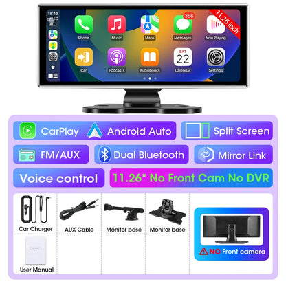 10/11.26 inch Dash Cam 4K Car DVR Wireless Carplay & Android Auto GPS Navigation Video Recorder Dashboard Dual Lens Wifi FM AUX Ezkrea