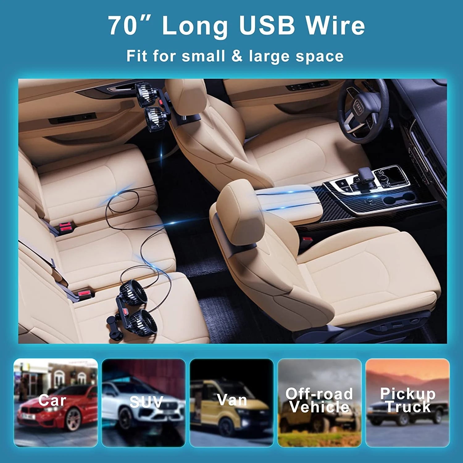 Car Fan with Dual Heads – 360° Adjustable 3-Speed USB Cooling Fan for Seat Back | Portable Neck Cooler for Car & Home Use Ezkrea