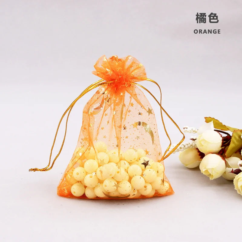 50PCS Moon Stars Drawstring Organza Bags Jewelry Gift Bags Pouches Gold Star Organza Favor Pouches for Christmas Wedding Ezkrea