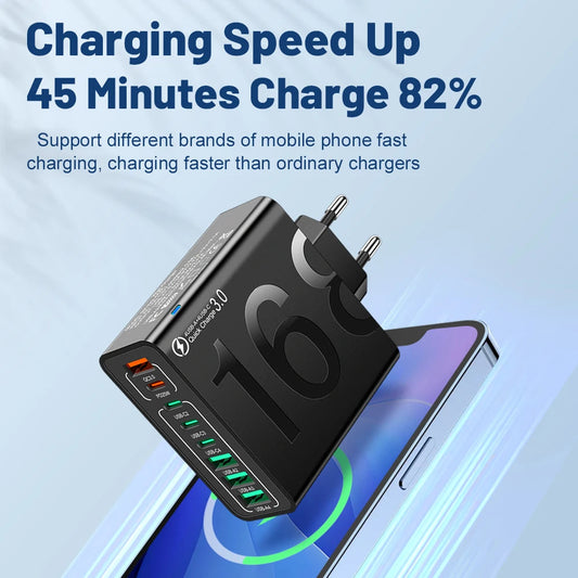 150W 8-Port Fast Charging QC3.0 Travel Charger – Compatible with iPhone 14, Samsung, Xiaomi | EU/US/KR Plug Wall Adapter Ezkrea