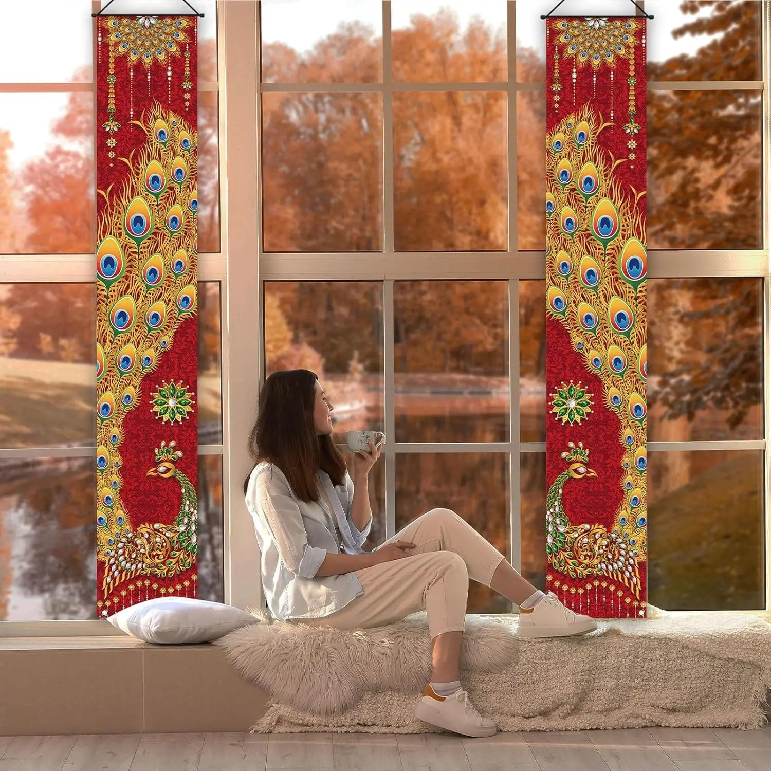 VIKAMA Diwali Festival Happy Gateway Banner Indian Diwali Festival Peacock Front Porch Welcome Sign Party Decorative Items Ezkrea