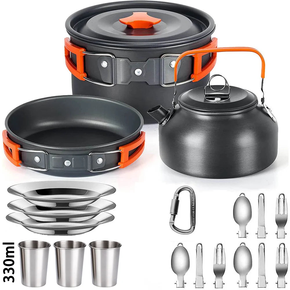 Camping Cookware Set with Teapot – Non-Stick Outdoor Cooking & Tableware Kit for 2–3 People | Travel Picnic & Hiking Kitchen Gear Ezkrea