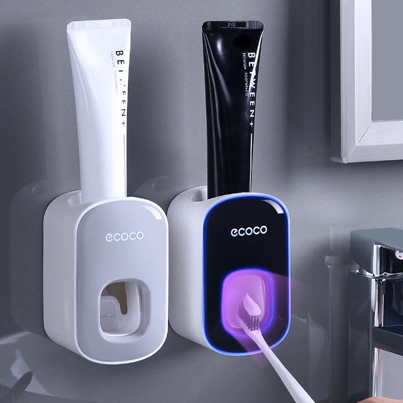 Automatic Toothpaste Dispenser & Toothbrush Holder Set – Wall Mounted, Hands-Free, Dustproof Bathroom Organizer Ezkrea