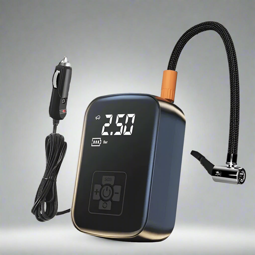 A wireless electric tire inflator with a digital display, showing a numerical value of 2.50, with a black body, a flexible hose, and a metallic nozzle.