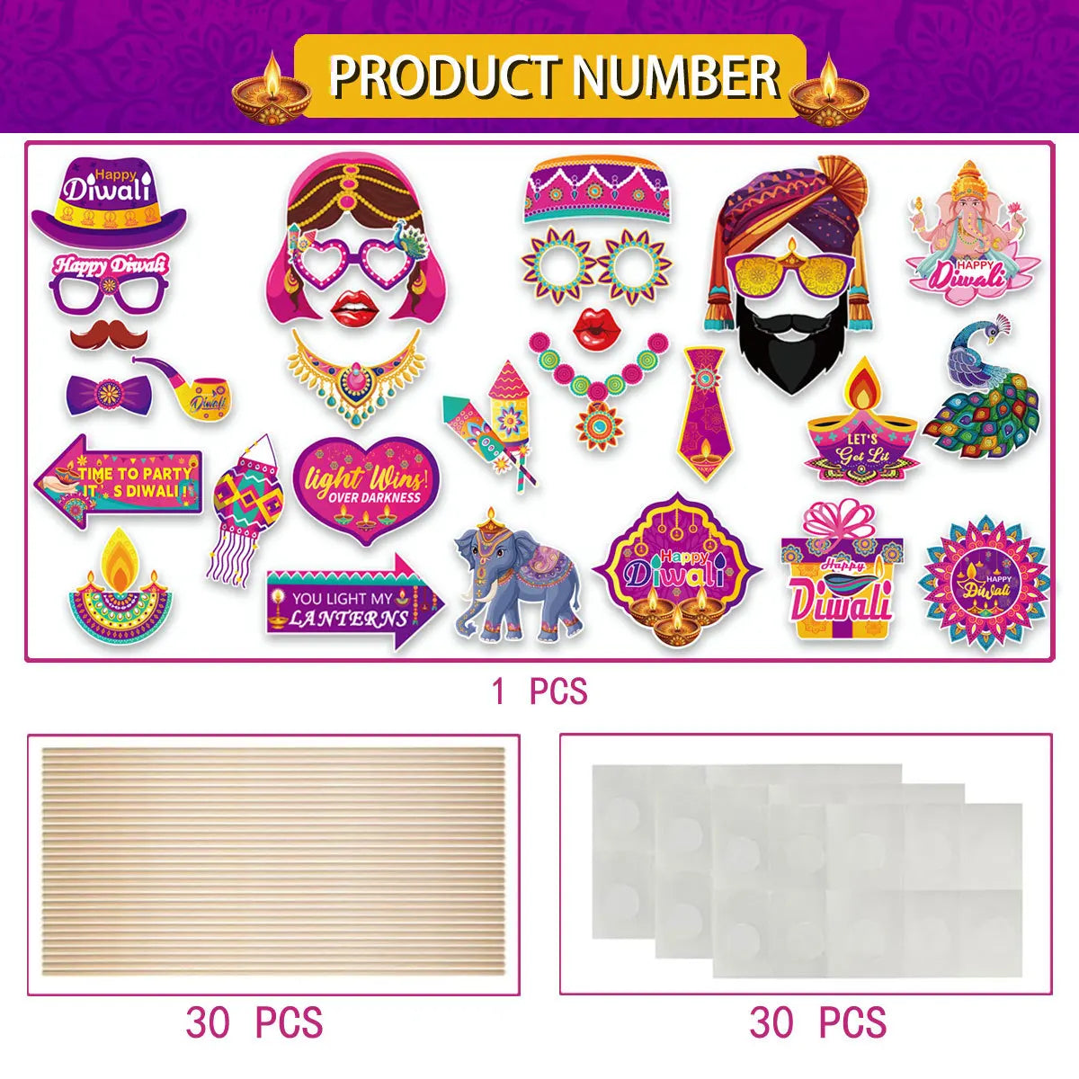 30Pcs/Set Happy Diwali Theme Photo Booth Props Candle Elephant Dress Up Paper Masks for India Diwali Festival Party Decoration Ezkrea