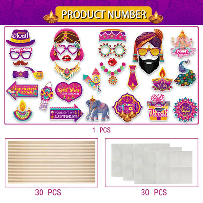 30Pcs/Set Happy Diwali Theme Photo Booth Props Candle Elephant Dress Up Paper Masks for India Diwali Festival Party Decoration Ezkrea