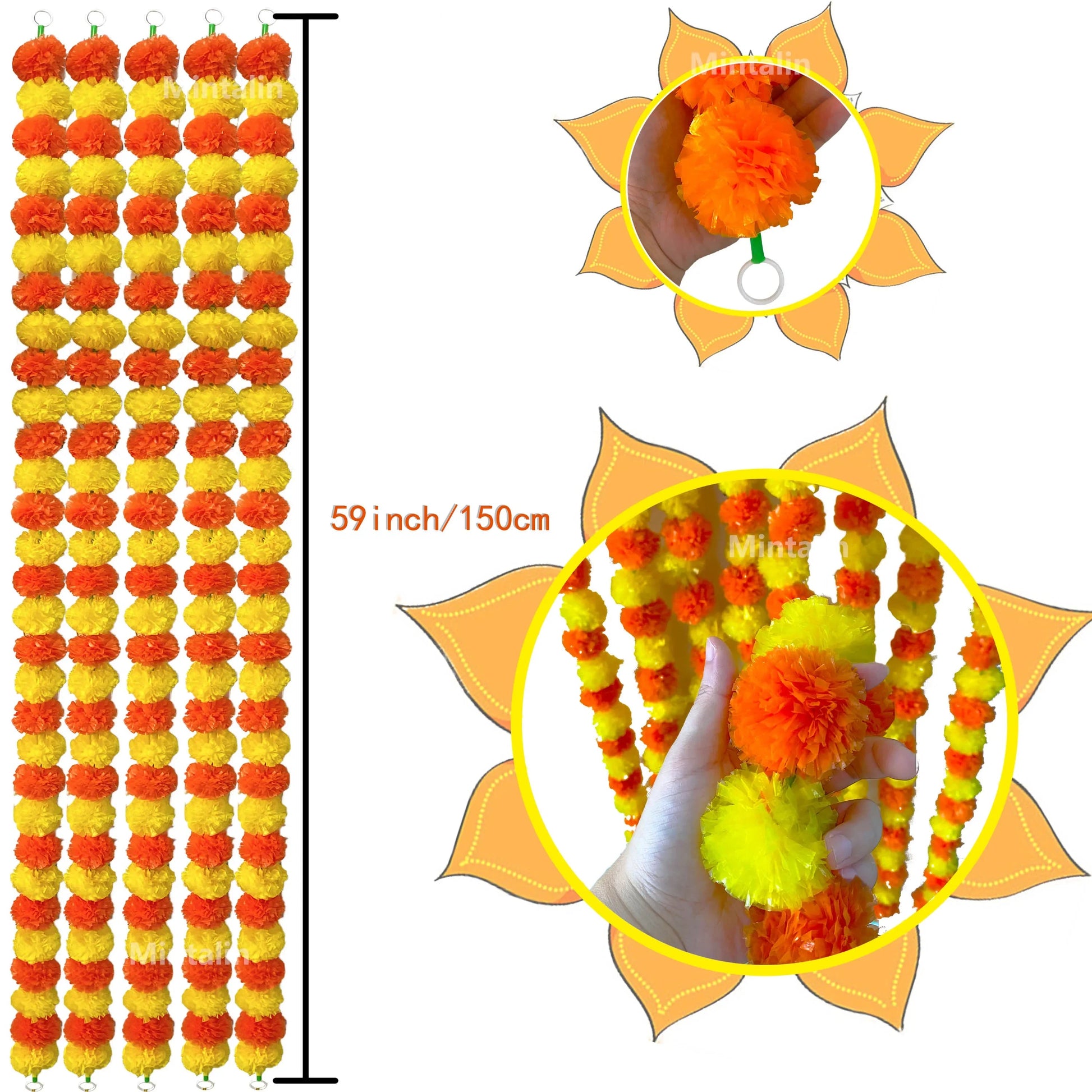 Marigold Flower Garland with зo Flowers, Artificial Flowers for Diwali Home DIY Wreath Garland Craft Decor Wedding Party Ezkrea