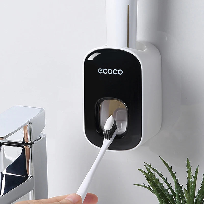 Automatic Toothpaste Dispenser & Toothbrush Holder Set – Wall Mounted, Hands-Free, Dustproof Bathroom Organizer Ezkrea