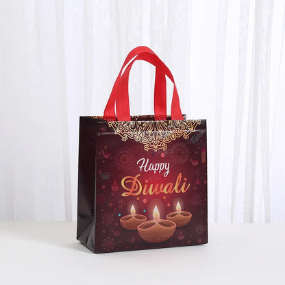 8Pcs Happy Diwali Theme Gift Packing Bag Non-Woven Shopping Tote Bag for India Diwali Festival Party Favors Bag Decoration Ezkrea