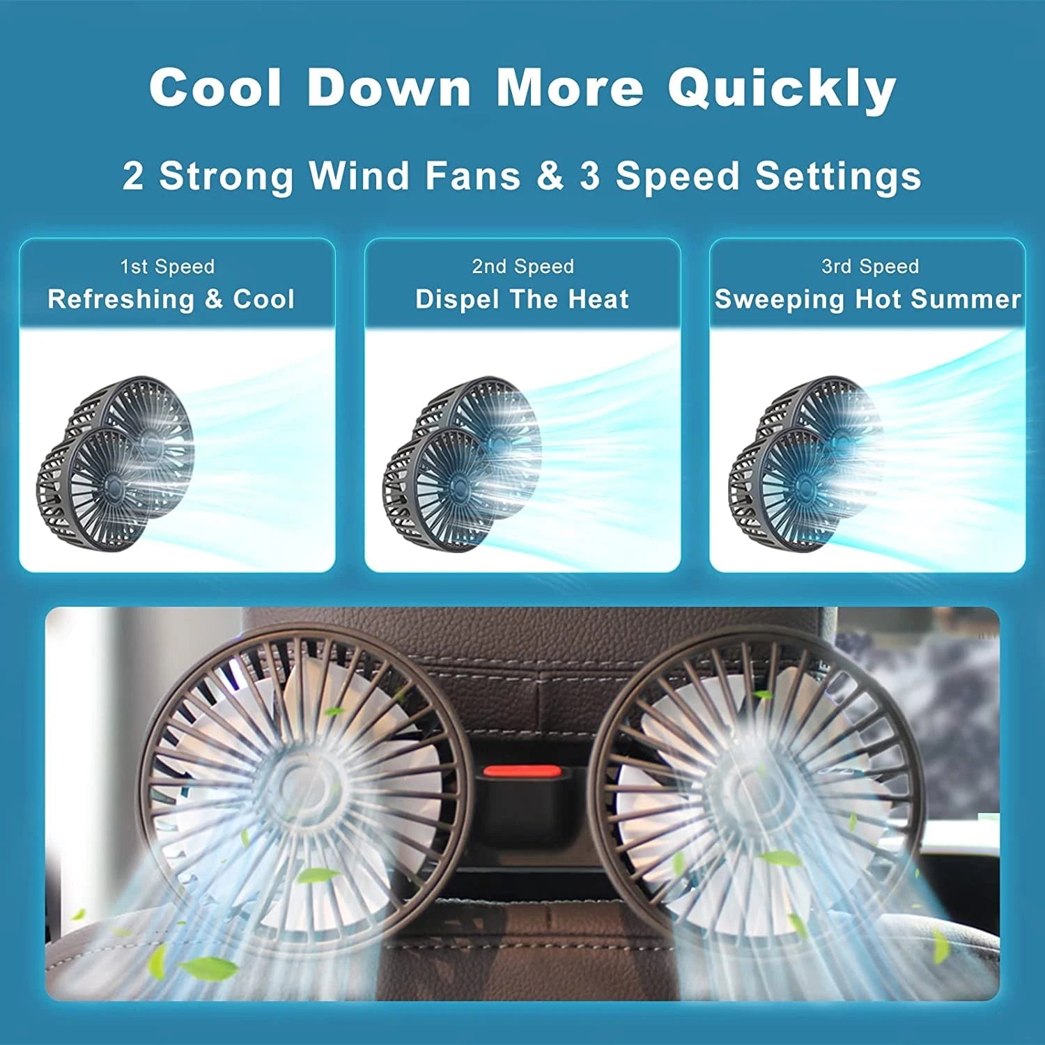 Car Fan with Dual Heads – 360° Adjustable 3-Speed USB Cooling Fan for Seat Back | Portable Neck Cooler for Car & Home Use Ezkrea
