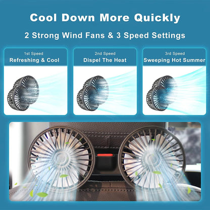 Car Fan with Dual Heads – 360° Adjustable 3-Speed USB Cooling Fan for Seat Back | Portable Neck Cooler for Car & Home Use Ezkrea