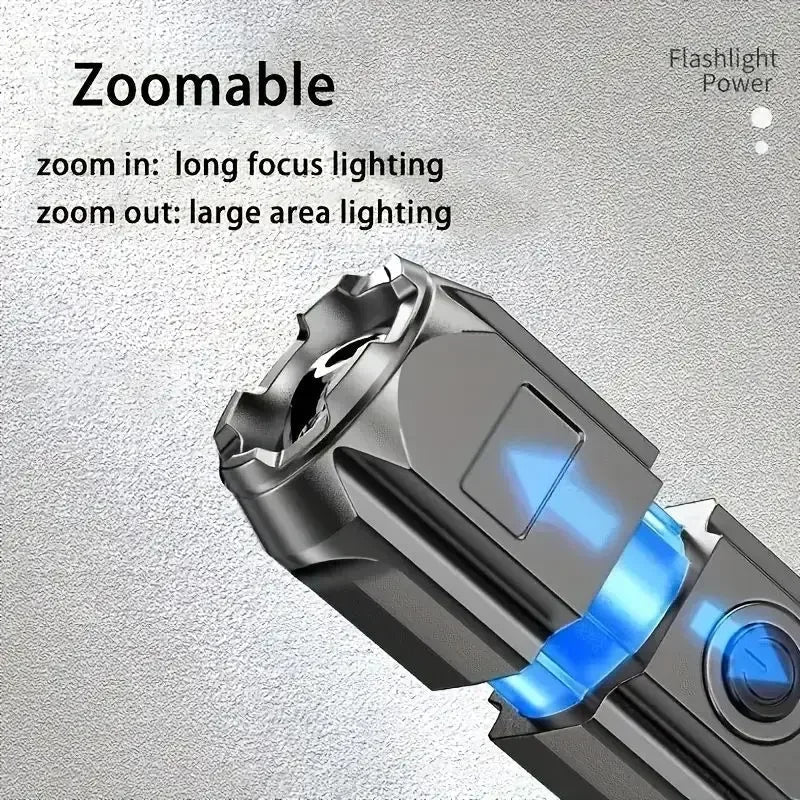 Powerful LED Flashlight with Telescopic Zoom – USB Rechargeable Tactical Torch with 4 Lighting Modes, Long-Range Outdoor Spotlight Ezkrea