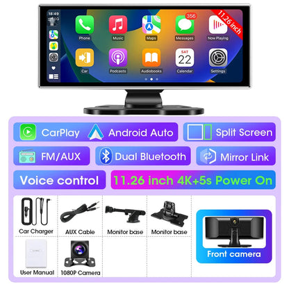 10/11.26 inch Dash Cam 4K Car DVR Wireless Carplay & Android Auto GPS Navigation Video Recorder Dashboard Dual Lens Wifi FM AUX Ezkrea