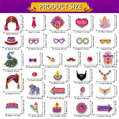 30Pcs/Set Happy Diwali Theme Photo Booth Props Candle Elephant Dress Up Paper Masks for India Diwali Festival Party Decoration Ezkrea