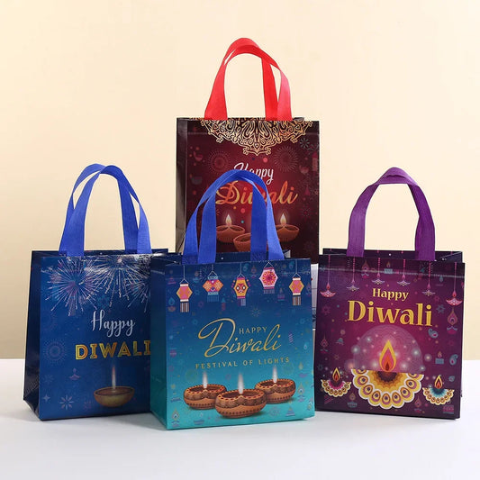 8Pcs Happy Diwali Theme Gift Packing Bag Non-Woven Shopping Tote Bag for India Diwali Festival Party Favors Bag Decoration Ezkrea