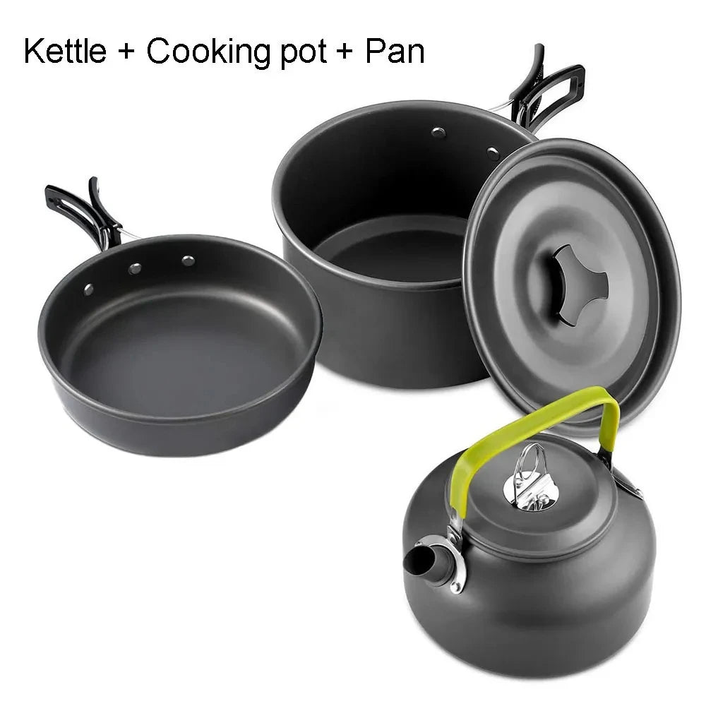 Camping Cookware Set with Teapot – Non-Stick Outdoor Cooking & Tableware Kit for 2–3 People | Travel Picnic & Hiking Kitchen Gear Ezkrea