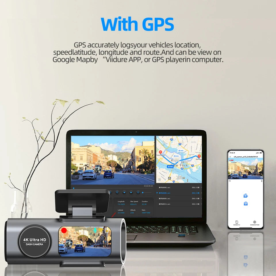 Dash Cam 4K UHD Recording Car Camera DVR Night Vision Video Recorder Built-In Wi-Fi Support GPS 24H Parking Ezkrea