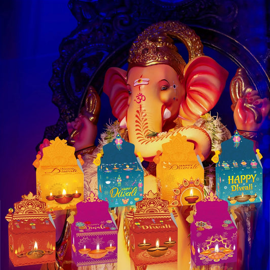 12pcs Happy Diwali Party Favors - Pre-Made Indian Festival Boxes with Diya Designs, Deep Red, Orange, Purple, Blue, Golden Ezkrea