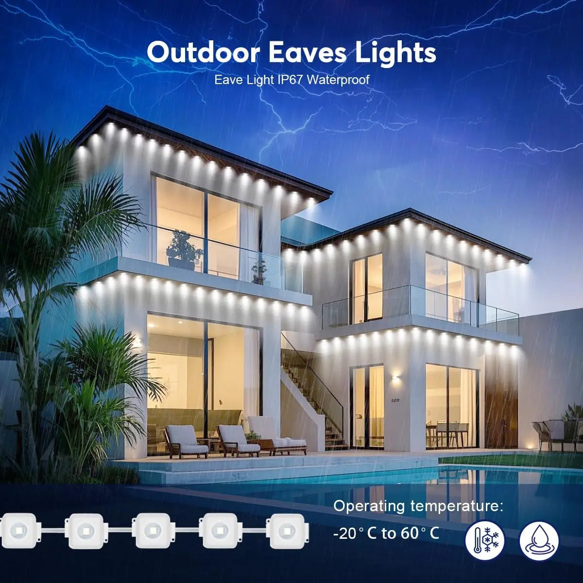 RGB Smart Outdoor Eaves Lights App Remote Control IP68 Waterproof Year Round Roof Lighting Color Changing Easy Installation Ezkrea