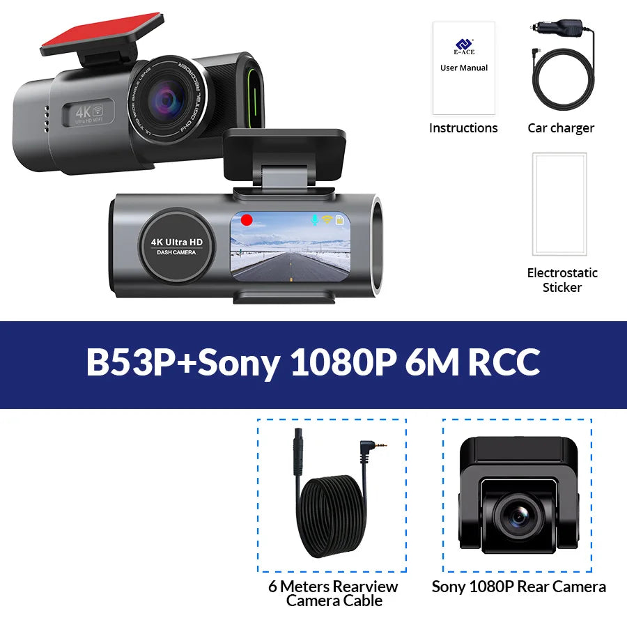 Dash Cam 4K UHD Recording Car Camera DVR Night Vision Video Recorder Built-In Wi-Fi Support GPS 24H Parking Ezkrea