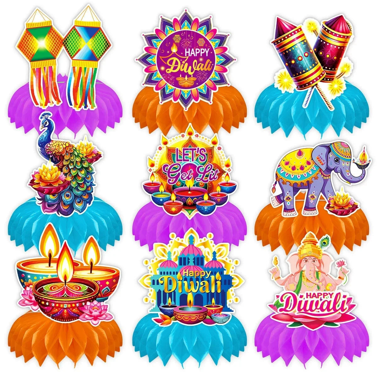 Happy Diwali Party Honeycomb Table Decoration Diwali Elephant Peacock Ornaments Happy Festival of Lights Party Decor Ezkrea