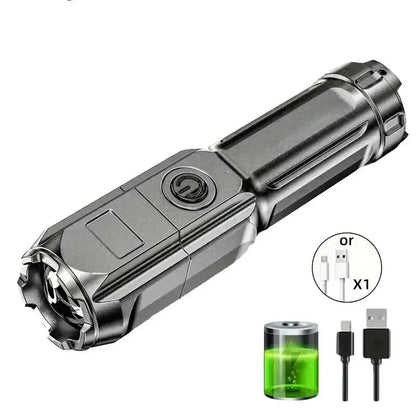 Powerful LED Flashlight with Telescopic Zoom – USB Rechargeable Tactical Torch with 4 Lighting Modes, Long-Range Outdoor Spotlight Ezkrea
