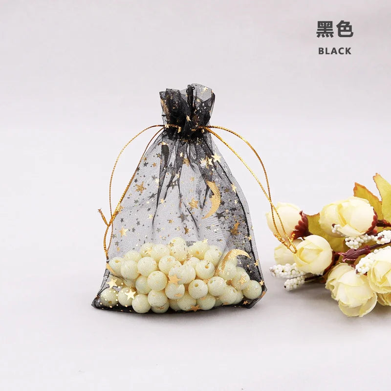 50PCS Moon Stars Drawstring Organza Bags Jewelry Gift Bags Pouches Gold Star Organza Favor Pouches for Christmas Wedding Ezkrea