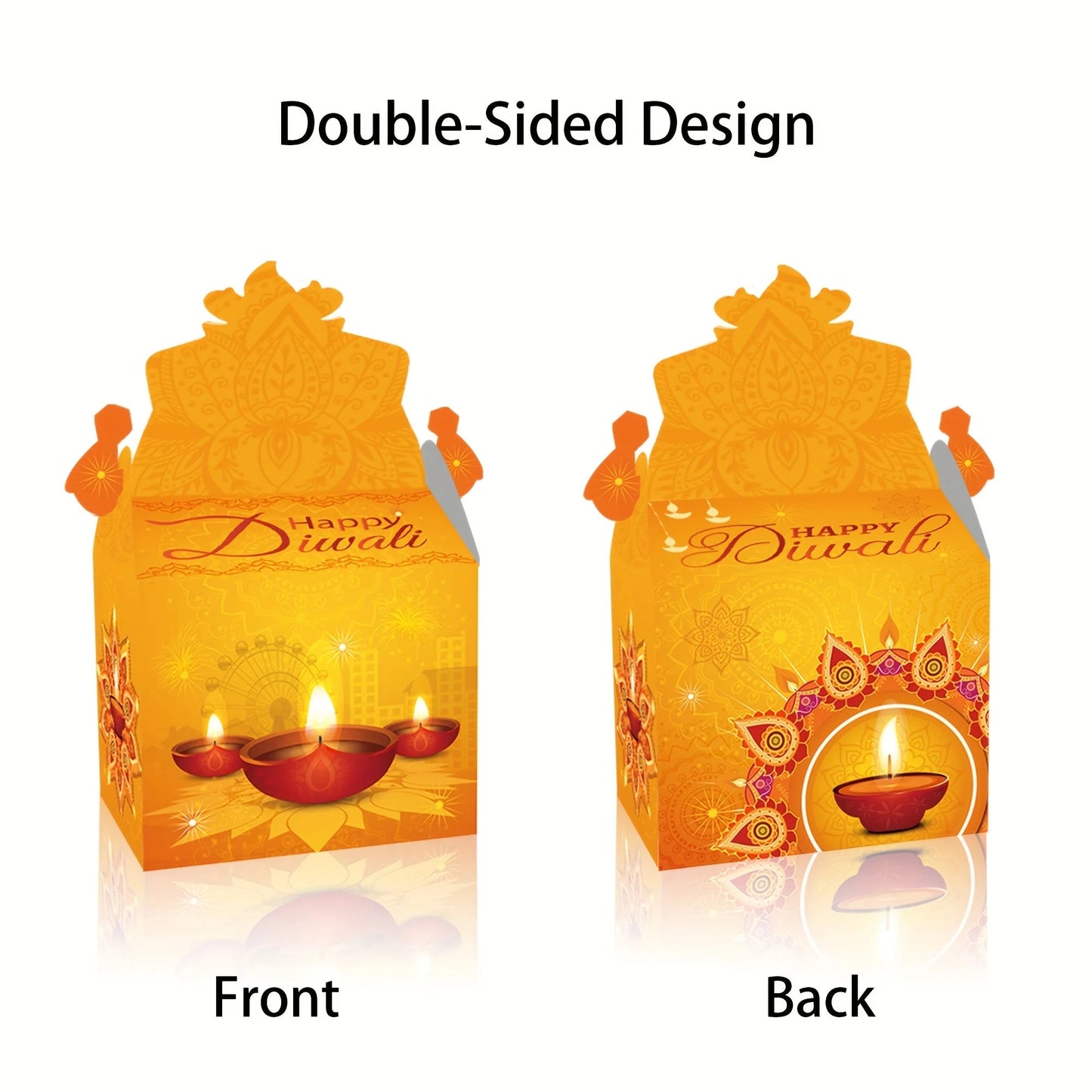 12pcs Happy Diwali Party Favors - Pre-Made Indian Festival Boxes with Diya Designs, Deep Red, Orange, Purple, Blue, Golden Ezkrea