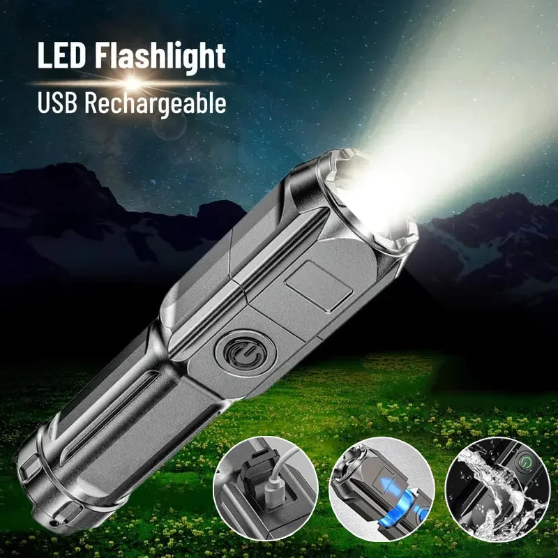 Powerful LED Flashlight with Telescopic Zoom – USB Rechargeable Tactical Torch with 4 Lighting Modes, Long-Range Outdoor Spotlight Ezkrea