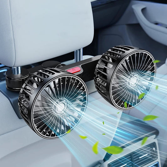 Car Fan with Dual Heads – 360° Adjustable 3-Speed USB Cooling Fan for Seat Back | Portable Neck Cooler for Car & Home Use Ezkrea