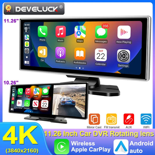 10/11.26 inch Dash Cam 4K Car DVR Wireless Carplay & Android Auto GPS Navigation Video Recorder Dashboard Dual Lens Wifi FM AUX Ezkrea