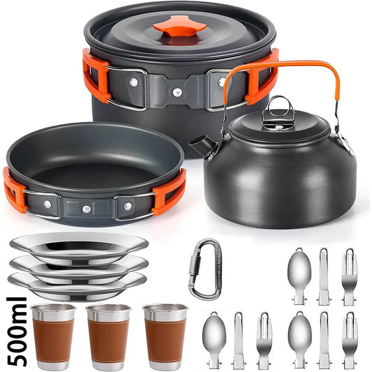 Camping Cookware Set with Teapot – Non-Stick Outdoor Cooking & Tableware Kit for 2–3 People | Travel Picnic & Hiking Kitchen Gear Ezkrea