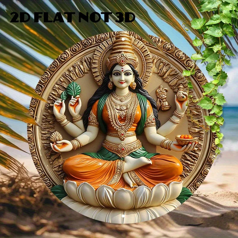 2D Flat Round Aluminum Wall Art Decor - Laxmi Goddess on For Lotus, Vibrant Hindu Deity Design, Religious, Indian Home Decor Ezkrea