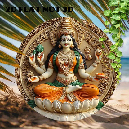 2D Flat Round Aluminum Wall Art Decor - Laxmi Goddess on For Lotus, Vibrant Hindu Deity Design, Religious, Indian Home Decor Ezkrea