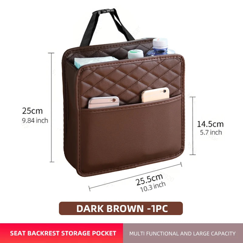 Multifunctional Car Seat Storage Bag – Leather Organizer & Trash Holder | Universal Fit Ezkrea