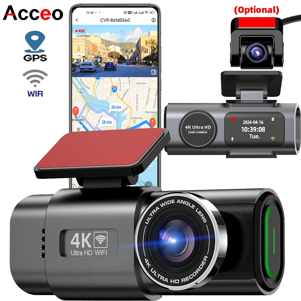 Dash Cam 4K UHD Recording Car Camera DVR Night Vision Video Recorder Built-In Wi-Fi Support GPS 24H Parking Ezkrea