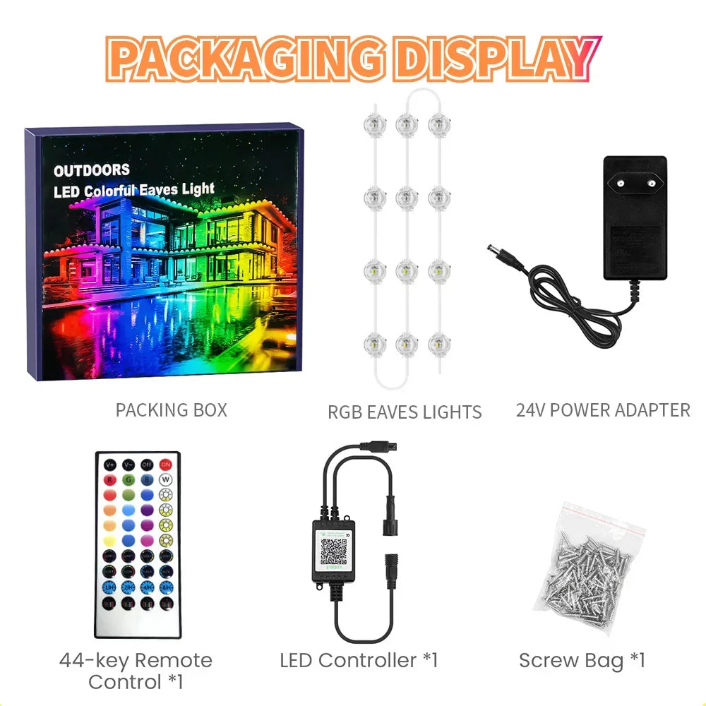 RGB Smart Outdoor Eaves Lights App Remote Control IP68 Waterproof Year Round Roof Lighting Color Changing Easy Installation Ezkrea