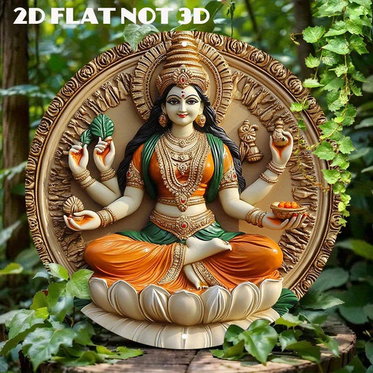 2D Flat Round Aluminum Wall Art Decor - Laxmi Goddess on For Lotus, Vibrant Hindu Deity Design, Religious, Indian Home Decor Ezkrea